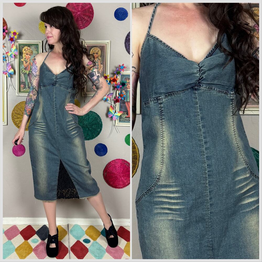 Vintage 1990s Blue Halter Neck Stretch Denim Jean Dress